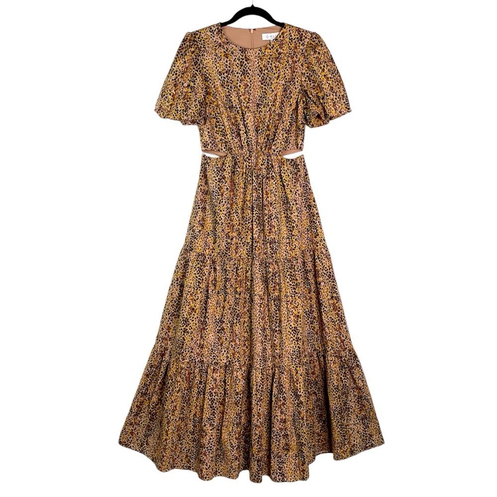 WAYF Plaza Cutout Puff Sleeve Maxi Dress Sz S Animal Print  Tiered Leopard NEW